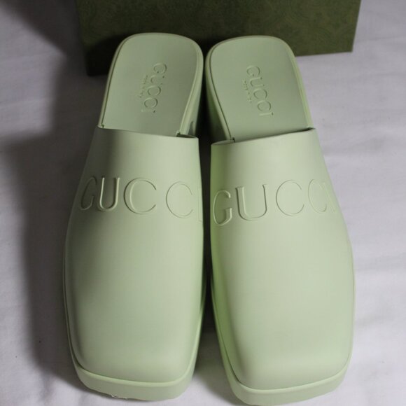 NWB Gucci Logo Rubber Clogs Mules Slip Ons Light Green 38 725899 - Picture 2 of 8